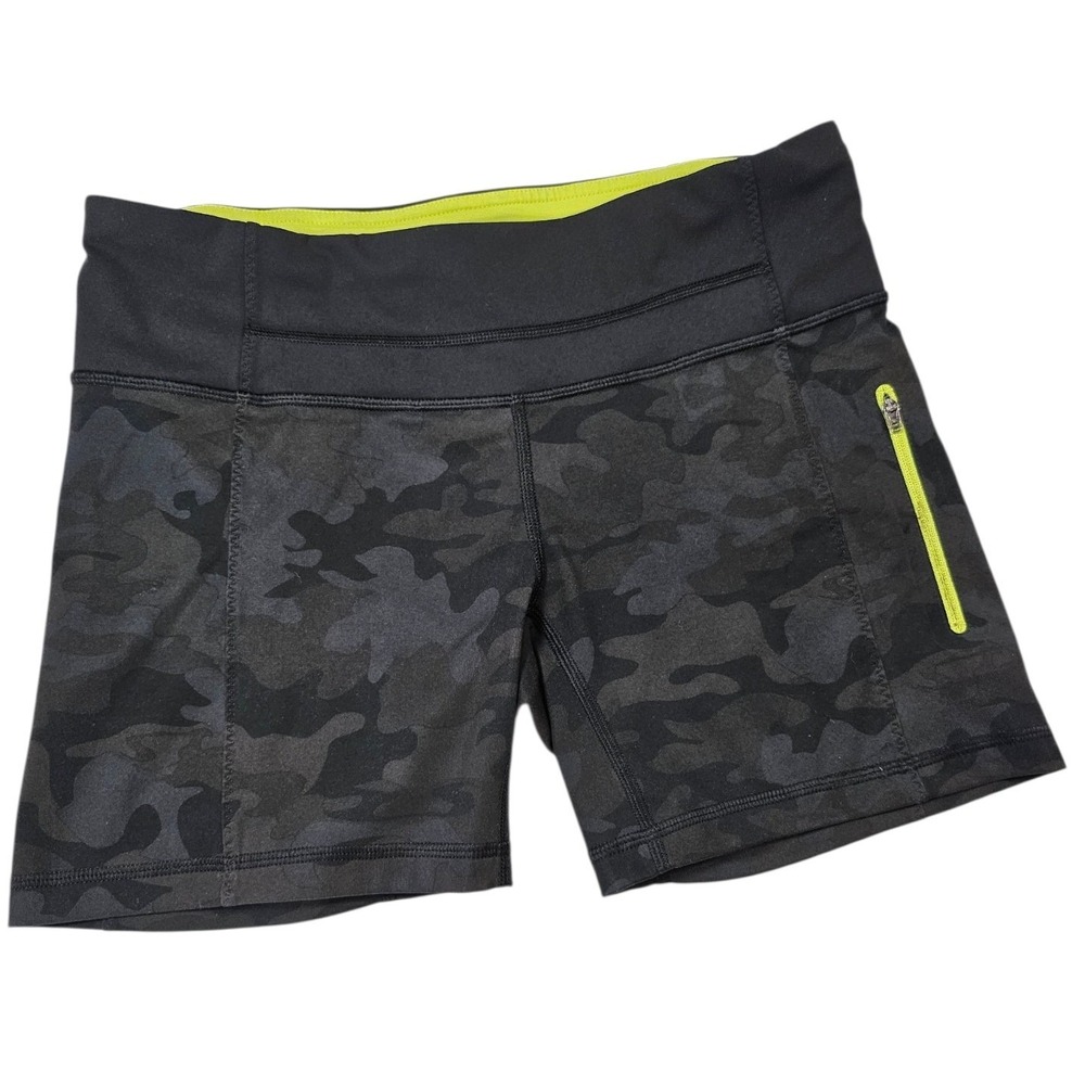 Lululemon Camo Running Athletic Shorts Womens 6 Gray Black Neon Tech Pocket 5in